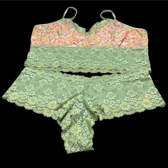 Bralette Lace Cami Mint Green Floral Set Size Large - Picture 14 of 14